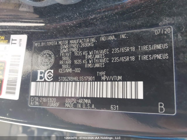 12643470 :رقم المزاد ، 5TDGZRBH6LS517901 vin ، 2020 Toyota Highlander Xle مزاد بيع