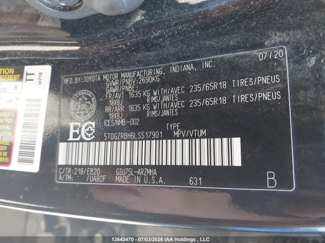 12643470 :رقم المزاد ، 5TDGZRBH6LS517901 vin ، 2020 Toyota Highlander Xle مزاد بيع