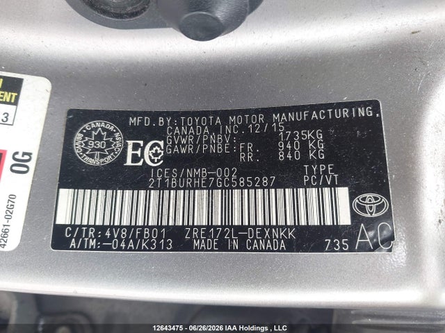 Продаж на аукціоні авто 2016 Toyota Corolla Le, vin: 2T1BURHE7GC585287, номер лоту: 12643475