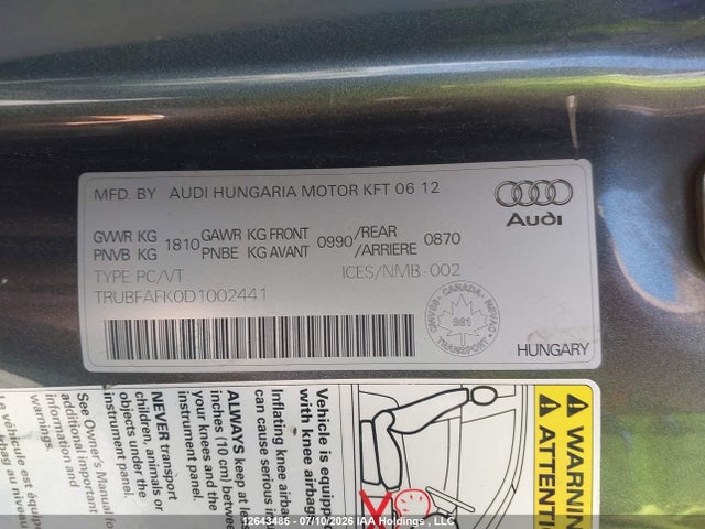 Продаж на аукціоні авто 2013 Audi Tt 2.0t Premium, vin: TRUBFAFK0D1002441, номер лоту: 12643486