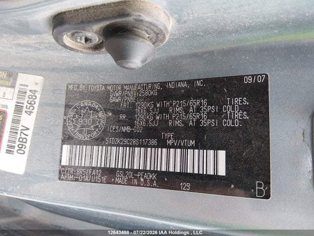 Aukcja sprzedaży 2008 Toyota Sienna, vin: 5TDZK29C28S117386, numer aukcji: 12643488