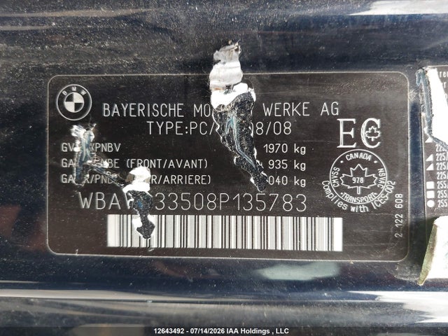 12643492 :رقم المزاد ، WBAWB33508P135783 vin ، 2008 Bmw 3 Series مزاد بيع
