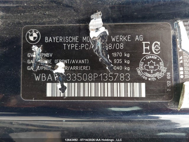 12643492 :رقم المزاد ، WBAWB33508P135783 vin ، 2008 Bmw 3 Series مزاد بيع