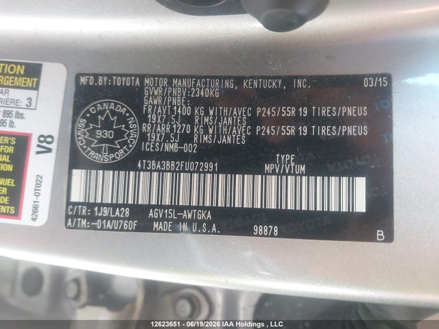 Aukcja sprzedaży 2015 Toyota Venza, vin: 4T3BA3BB2FU072991, numer aukcji: 12623651