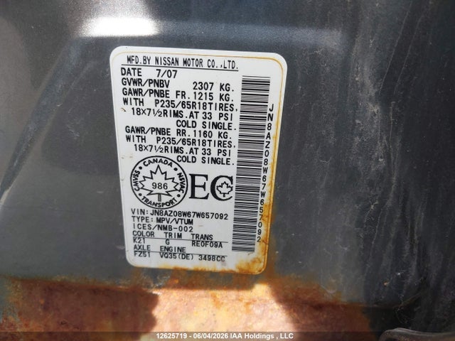 Aukcja sprzedaży 2007 Nissan Murano Sl, vin: JN8AZ08W67W657092, numer aukcji: 12625719