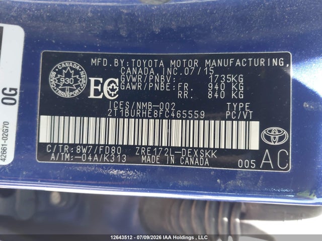 Aukcja sprzedaży 2015 Toyota Corolla L/le/le Pls/prm/s/s Pls, vin: 2T1BURHE8FC465559, numer aukcji: 12643512