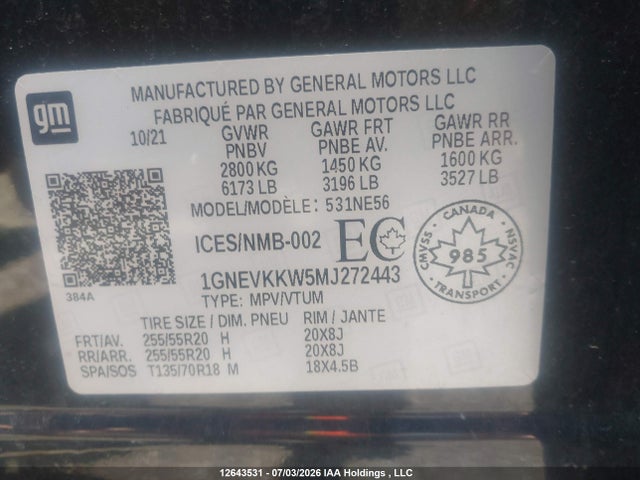 Продаж на аукціоні авто 2021 Chevrolet Traverse Premier, vin: 1GNEVKKW5MJ272443, номер лоту: 12643531