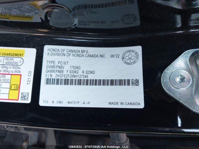 12643532 :رقم المزاد ، 2HGFE2F28NH127549 vin ، 2022 Honda Civic Lx مزاد بيع