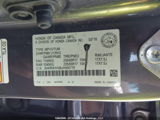 2018 Honda Cr-v Lx მანქანა იყიდება აუქციონზე, vin: 2HKRW1H36JH000776, აუქციონის ნომერი: 12643540