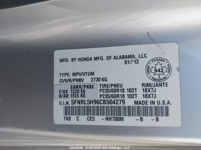 2012 Honda Odyssey Touring/touring Elite მანქანა იყიდება აუქციონზე, vin: 5FNRL5H96CB504279, აუქციონის ნომერი: 12643548