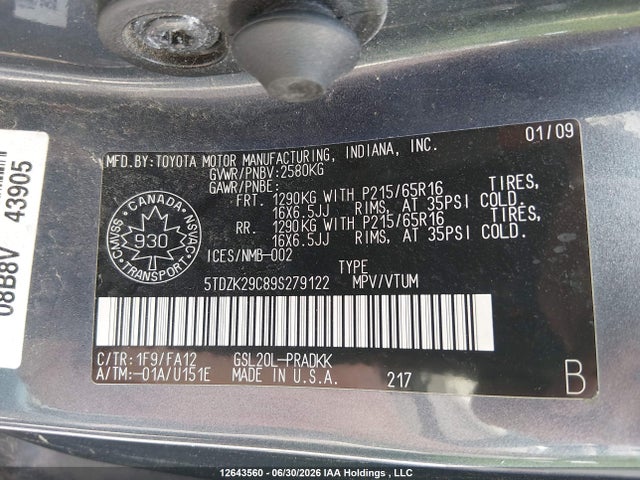 12643560 :رقم المزاد ، 5TDZK29C89S279122 vin ، 2009 Toyota Sienna Ce 8 Passenger مزاد بيع