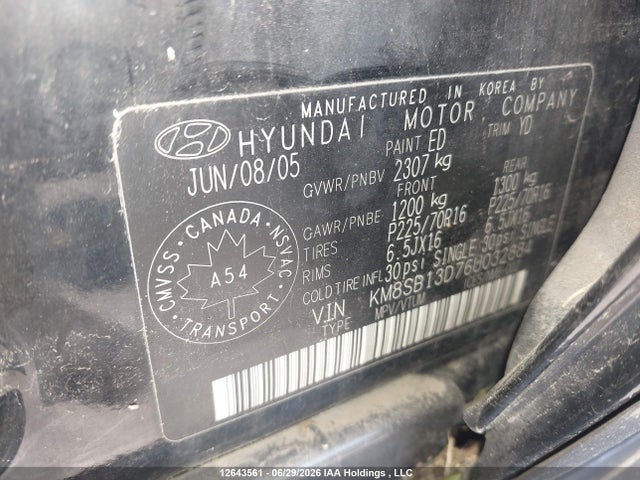 Aukcja sprzedaży 2006 Hyundai Santa Fe Gl V6, vin: KM8SB13D76U032884, numer aukcji: 12643561