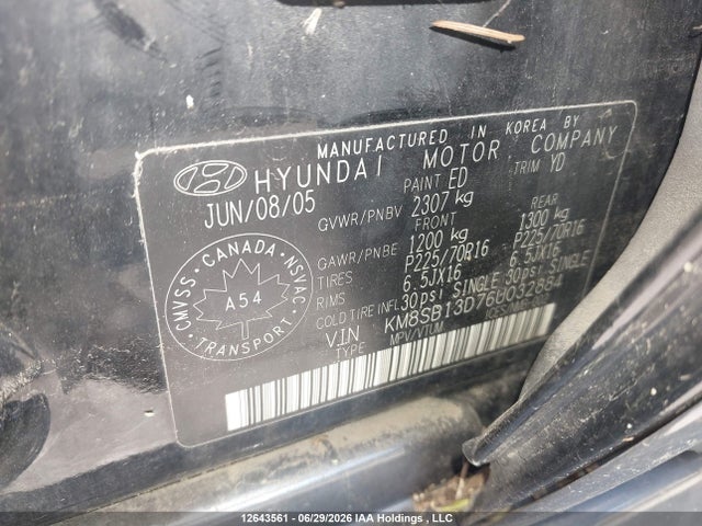 Aukcja sprzedaży 2006 Hyundai Santa Fe Gl V6, vin: KM8SB13D76U032884, numer aukcji: 12643561