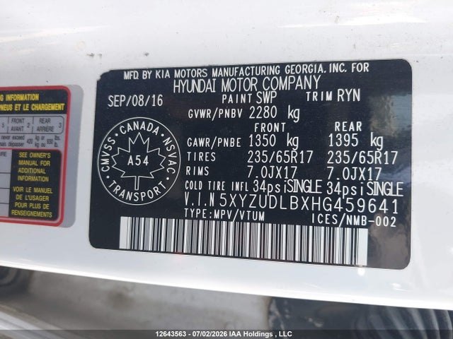 Aukcja sprzedaży 2017 Hyundai Santa Fe Sport, vin: 5XYZUDLBXHG459641, numer aukcji: 12643563