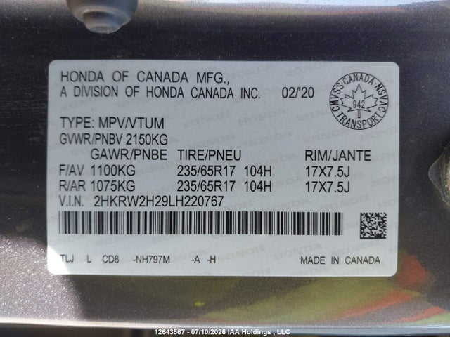 Honda CR-V LX 2020 2HKRW2H29LH220767 Image 19