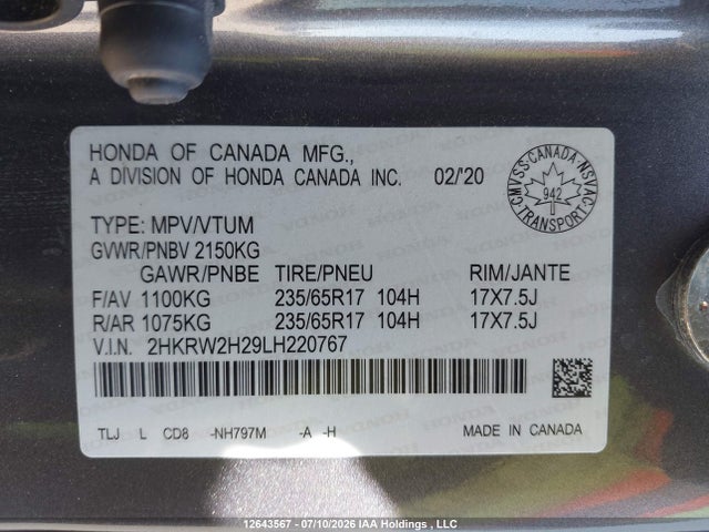 Honda CR-V LX 2020 2HKRW2H29LH220767 Image 9