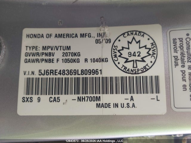 Auction sale of the 2009 Honda Cr-v Lx, vin: 5J6RE48369L809961, lot number: 12643573