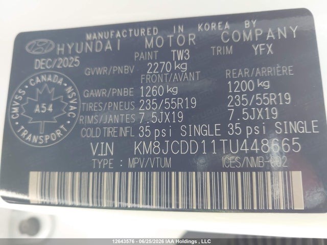 Продаж на аукціоні авто 2026 Hyundai Tucson Ultimate Hybrid Awd, vin: KM8JCDD11TU448665, номер лоту: 12643576