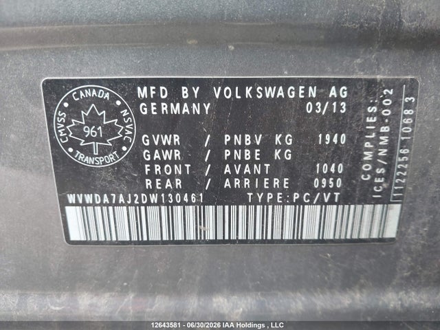 Aukcja sprzedaży 2013 Volkswagen Golf, vin: WVWDA7AJ2DW130461, numer aukcji: 12643581