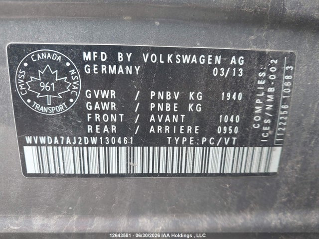 Aukcja sprzedaży 2013 Volkswagen Golf, vin: WVWDA7AJ2DW130461, numer aukcji: 12643581