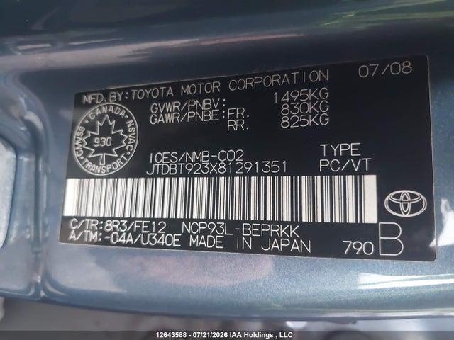 Продаж на аукціоні авто 2008 Toyota Yaris, vin: JTDBT923X81291351, номер лоту: 12643588