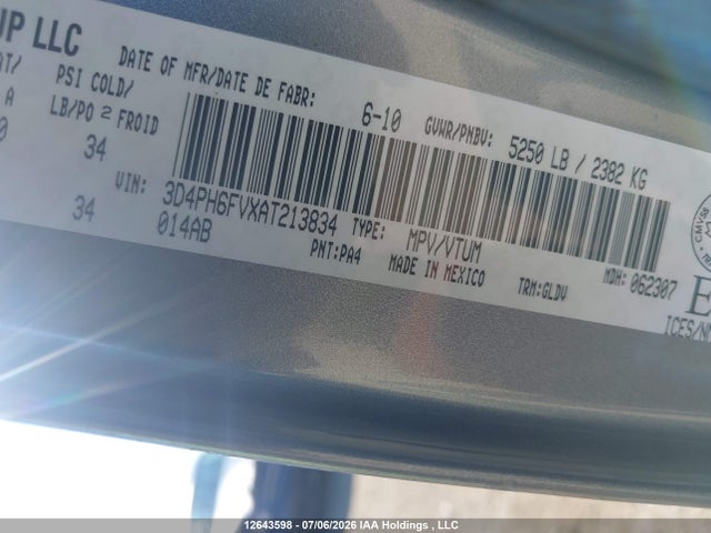 12643598 :رقم المزاد ، 3D4PH6FVXAT213834 vin ، 2010 Dodge Journey R/t مزاد بيع