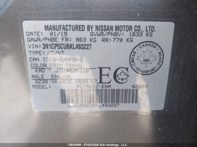 Aukcja sprzedaży 2019 Nissan Kicks S/sr/sv, vin: 3N1CP5CU6KL493227, numer aukcji: 12643599