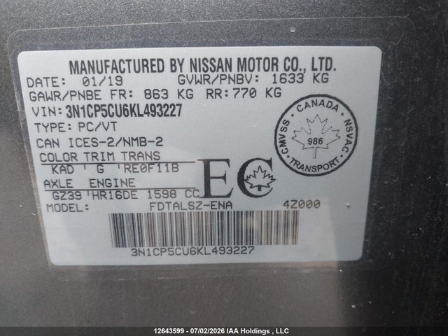 Aukcja sprzedaży 2019 Nissan Kicks S/sr/sv, vin: 3N1CP5CU6KL493227, numer aukcji: 12643599