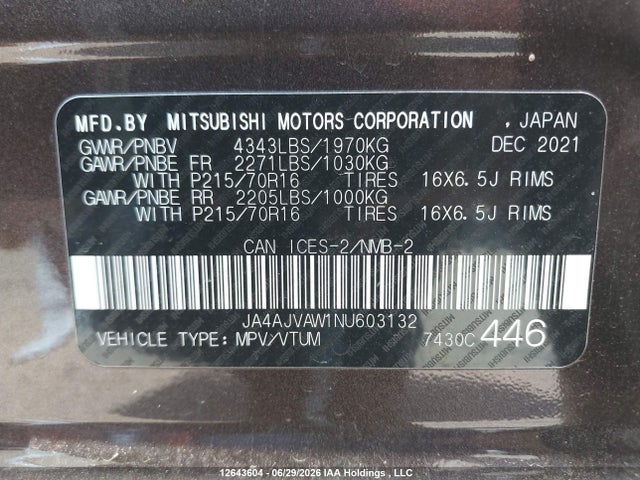 Продажа на аукционе авто 2022 Mitsubishi Rvr Se/sel/le/gt, vin: JA4AJVAW1NU603132, номер лота: 12643604