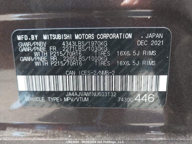 Продажа на аукционе авто 2022 Mitsubishi Rvr Se/sel/le/gt, vin: JA4AJVAW1NU603132, номер лота: 12643604