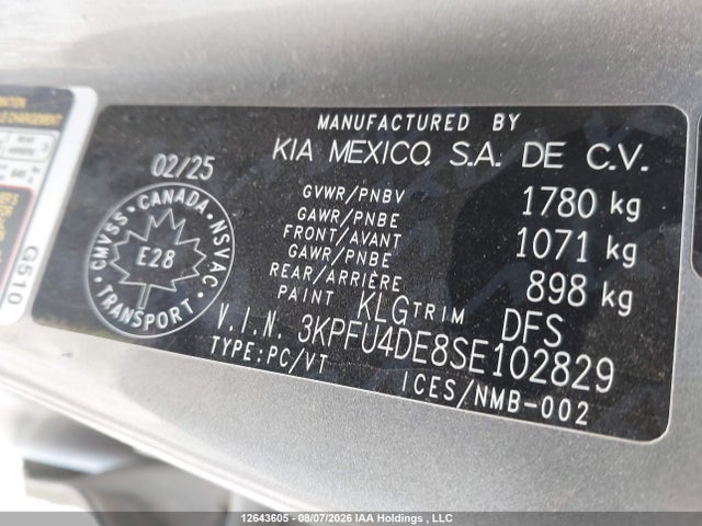 2025 Kia K4 Ex მანქანა იყიდება აუქციონზე, vin: 3KPFU4DE8SE102829, აუქციონის ნომერი: 12643605