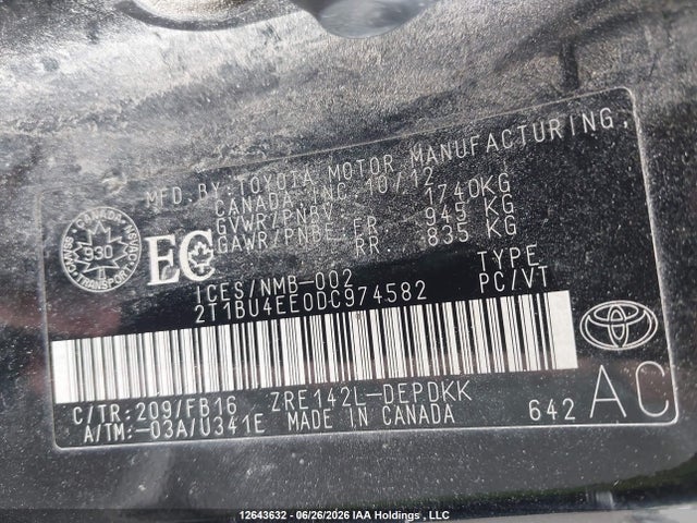12643632 :رقم المزاد ، 2T1BU4EE0DC974582 vin ، 2013 Toyota Corolla S/le مزاد بيع
