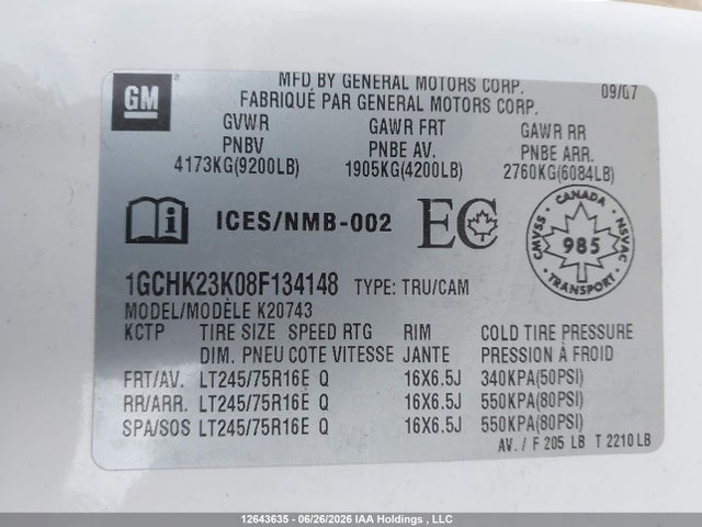 Продажа на аукционе авто 2008 Chevrolet Silverado K2500 Heavy Duty, vin: 1GCHK23K08F134148, номер лота: 12643635