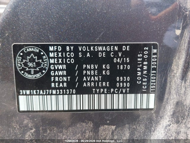 3VW1K7AJ7FM331370 Volkswagen Jetta 2.0l Trendline/2.0l Trendline+