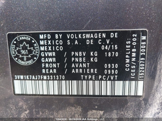 3VW1K7AJ7FM331370 Volkswagen Jetta 2.0l Trendline/2.0l Trendline+