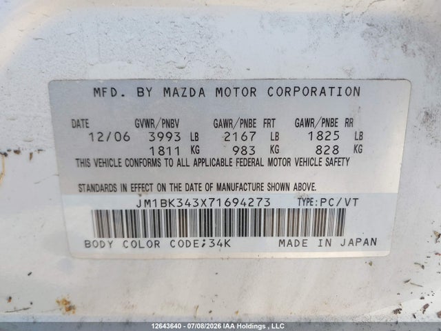 12643640 :رقم المزاد ، JM1BK343X71694273 vin ، 2007 Mazda 3 Hatchback مزاد بيع