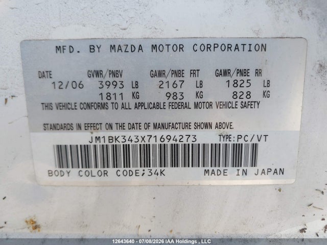 12643640 :رقم المزاد ، JM1BK343X71694273 vin ، 2007 Mazda 3 Hatchback مزاد بيع