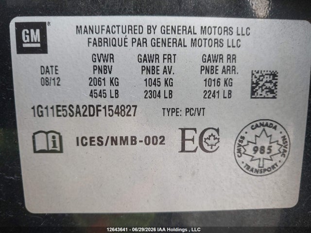 12643641 :رقم المزاد ، 1G11E5SA2DF154827 vin ، 2013 Chevrolet Malibu 2lt مزاد بيع