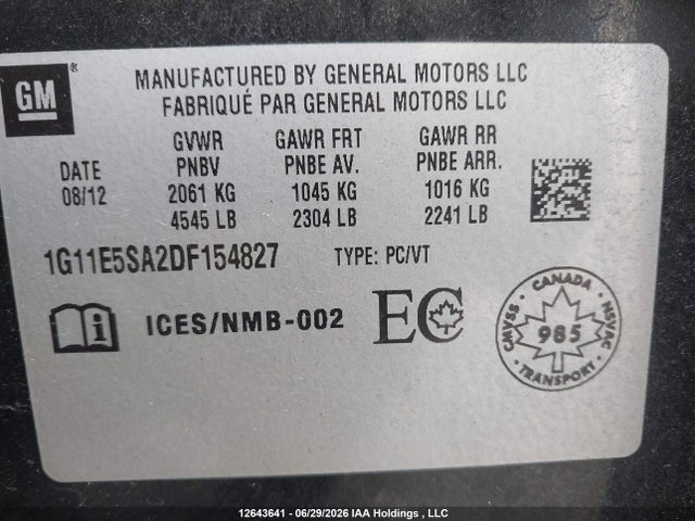 12643641 :رقم المزاد ، 1G11E5SA2DF154827 vin ، 2013 Chevrolet Malibu 2lt مزاد بيع