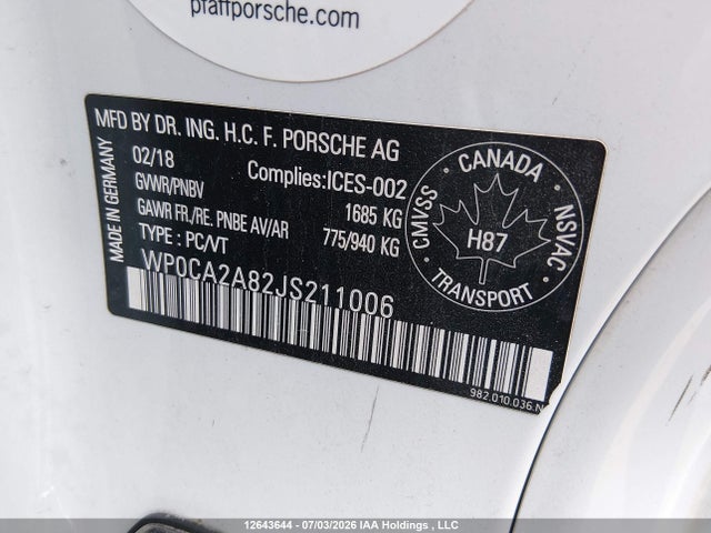 WP0CA2A82JS211006 Porsche 718 Boxster