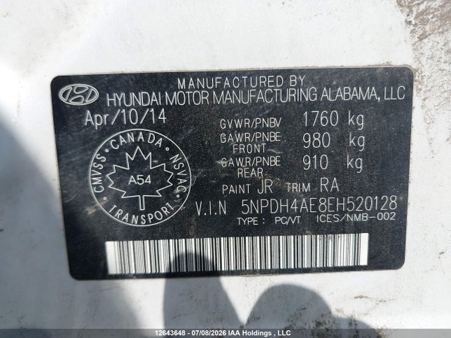 2014 Hyundai Elantra Se/sport/limited მანქანა იყიდება აუქციონზე, vin: 5NPDH4AE8EH520128, აუქციონის ნომერი: 12643648