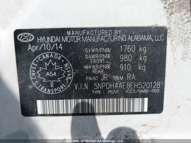 2014 Hyundai Elantra Se/sport/limited მანქანა იყიდება აუქციონზე, vin: 5NPDH4AE8EH520128, აუქციონის ნომერი: 12643648
