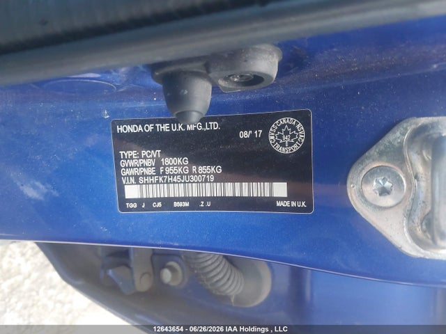 Продаж на аукціоні авто 2018 Honda Civic Sport, vin: SHHFK7H45JU300719, номер лоту: 12643654