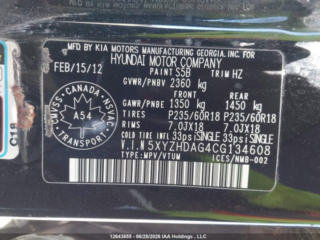Aukcja sprzedaży 2012 Hyundai Santa Fe Limited 3.5, vin: 5XYZHDAG4CG134608, numer aukcji: 12643655