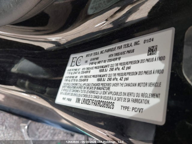 Aukcja sprzedaży 2024 Tesla Model 3, vin: LRW3E7FAXRC089026, numer aukcji: 12643656