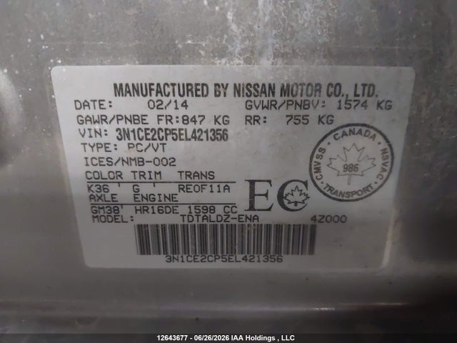 Aukcja sprzedaży 2014 Nissan Versa Note S/s Plus/sv/sl, vin: 3N1CE2CP5EL421356, numer aukcji: 12643677