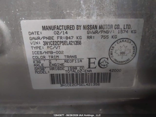 Aukcja sprzedaży 2014 Nissan Versa Note S/s Plus/sv/sl, vin: 3N1CE2CP5EL421356, numer aukcji: 12643677
