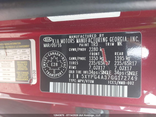 Aukcja sprzedaży 2016 Kia Sorento, vin: 5XYPG4A37GG172749, numer aukcji: 12643678