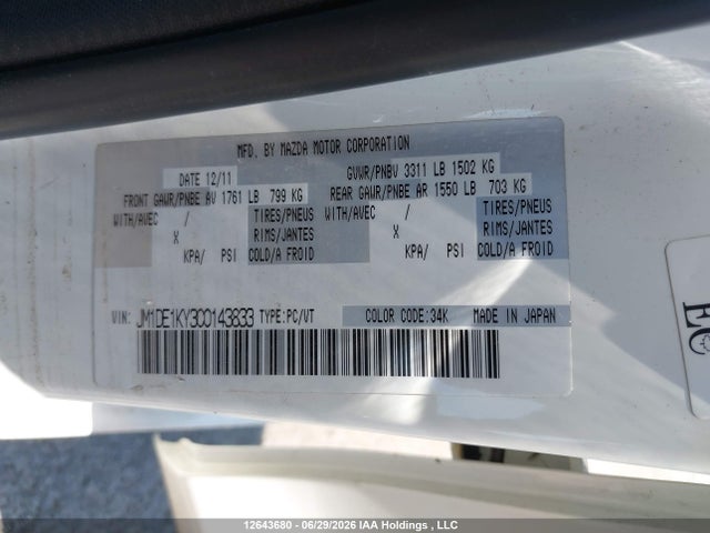 Aukcja sprzedaży 2012 Mazda Mazda2, vin: JM1DE1KY3C0143833, numer aukcji: 12643680