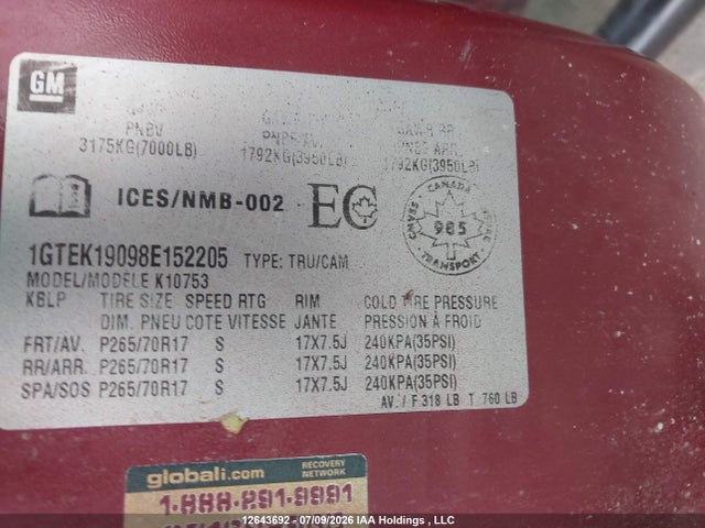 Aukcja sprzedaży 2008 Gmc Sierra 1500 Sle/slt/wt, vin: 1GTEK19098E152205, numer aukcji: 12643692